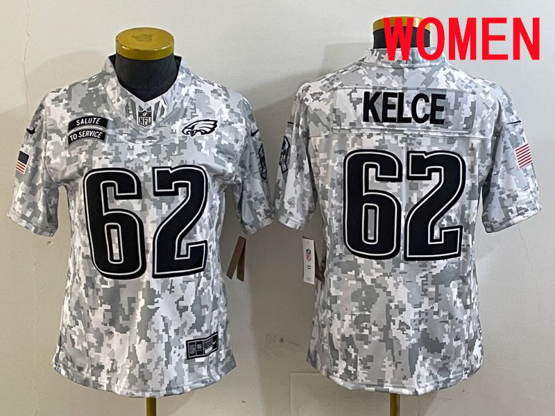 Women Philadelphia Eagles #62 Kelce Nike Arctic Camo 2025 Salute to Service Limited NFL Jersey style 1->women nfl jersey->Women Jersey